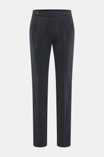 Front view of GTA Chino 'Herrick' navy pants in elastic cotton with soft touch, regular fit, low rise, zipper and waistband button, elastic insert in waistband, side adjuster, double waistband pleat, French pockets, and back pockets with button.