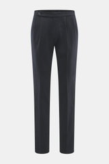 Front view of GTA Chino 'Herrick' navy pants in elastic cotton with soft touch, regular fit, low rise, zipper and waistband button, elastic insert in waistband, side adjuster, double waistband pleat, French pockets, and back pockets with button.