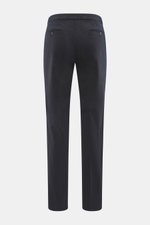 Back view of GTA Chino 'Herrick' navy pants, regular fit, low rise, elastic cotton with soft touch, zipper and waistband button, elastic insert in waistband, side adjuster, double waistband pleat, French pockets, back pockets with button.