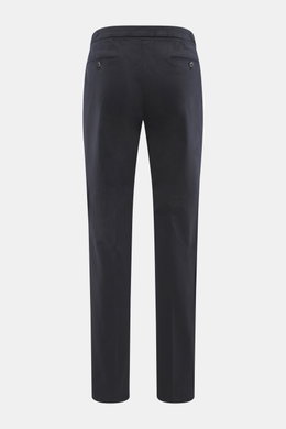 Back view of GTA Chino 'Herrick' navy pants, regular fit, low rise, elastic cotton with soft touch, zipper and waistband button, elastic insert in waistband, side adjuster, double waistband pleat, French pockets, back pockets with button.