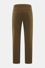 Rückansicht der braunen Closed Baumwollhose 'Bergen Tapered' aus reiner Baumwolle mit Twill-Struktur, Tapered Fit, französischen Taschen, Bundhaken.