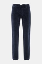 Closed Corduroy Pants 'Clifton' navy shown front view, made of soft cotton corduroy with regular fit, slight stretch, tapered legs, zipper, hook, French and welt pockets.