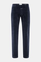 Closed Corduroy Pants 'Clifton' navy shown front view, made of soft cotton corduroy with regular fit, slight stretch, tapered legs, zipper, hook, French and welt pockets.