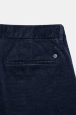 Closed Corduroy Pants 'Clifton' navy shown from back top close-up, cotton corduroy, soft touch, slight stretch, regular fit, tapered, zipper and hook, French and welt pockets.