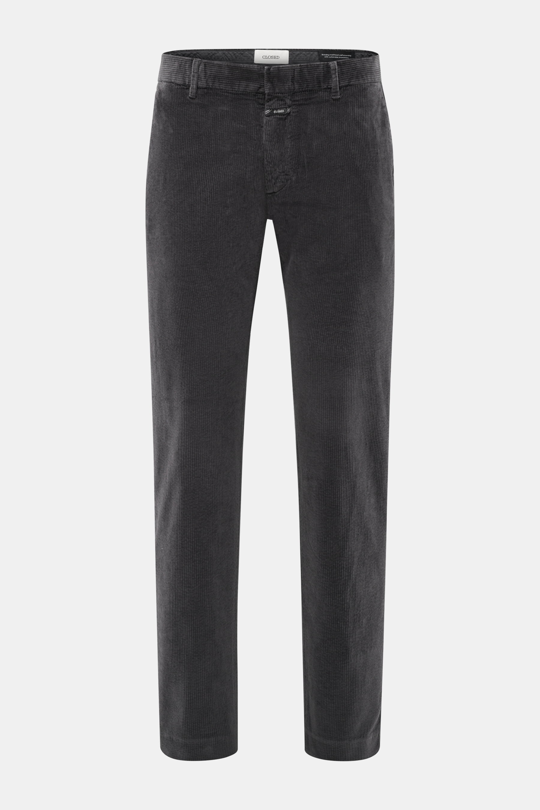 Closed Cordhose 'Clifton' dunkelgrau aus weichem Baumwoll-Cord mit Regular Fit, Reißverschluss, Bundhaken, französischen Taschen, leicht schmal, Frontansicht.