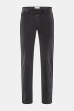 Closed Corduroy Pants 'Clifton' dark grey shown front view, cotton corduroy, soft touch, slight stretch, regular fit, tapered, zipper and waistband hook, French and welt pockets.