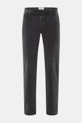 Closed Corduroy Pants 'Clifton' dark grey shown front view, cotton corduroy, soft touch, slight stretch, regular fit, tapered, zipper and waistband hook, French and welt pockets.