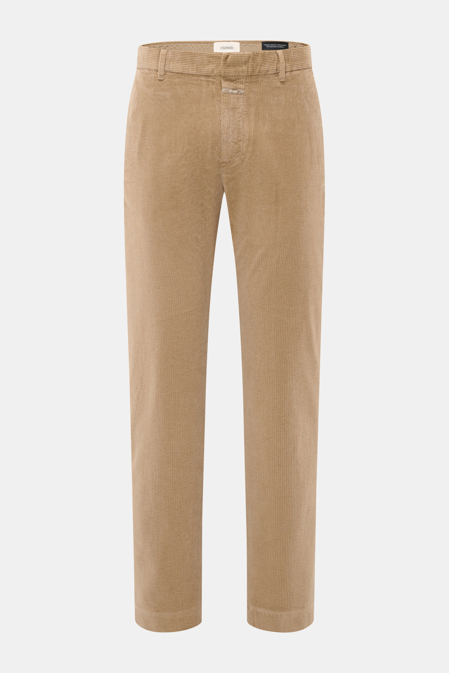Closed Corduroy Pants 'Clifton' light brown shown from the front, made of soft cotton corduroy with regular fit, slight stretch, tapered legs, zipper and waistband hook, French pockets, and welt pockets on the back. 

With the casual 'Clifton' pants made 