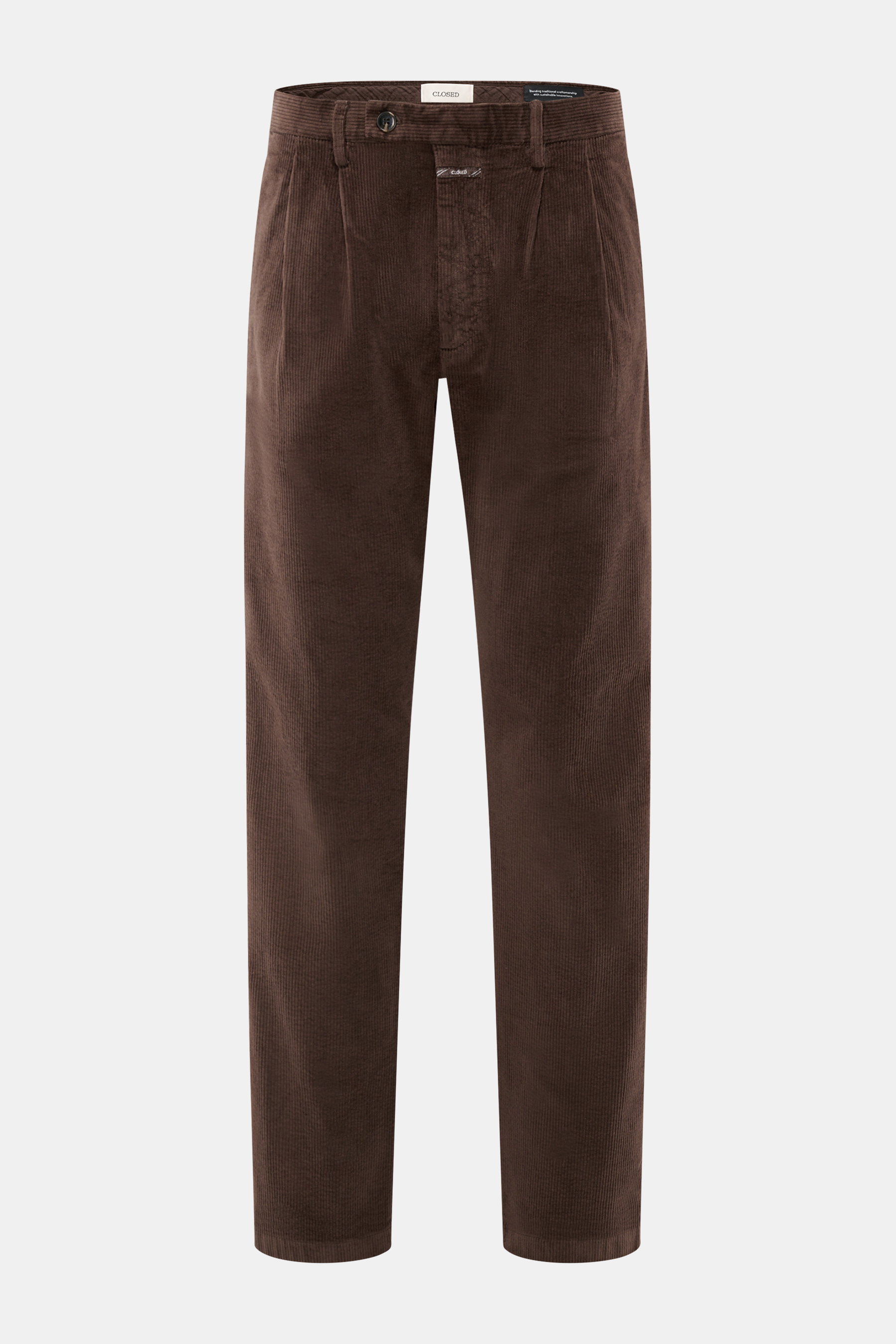 Closed Corduroy Pants 'Bergen' Brown front view, slightly elastic cotton corduroy, soft feel, tapered fit, ankle-length, zipper and button, pleats, French and welt pockets.
