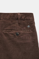 Close-up rear view of Closed Corduroy Pants 'Bergen' Brown, showing cotton corduroy fabric, waistband, belt loop, button, and welt pocket.