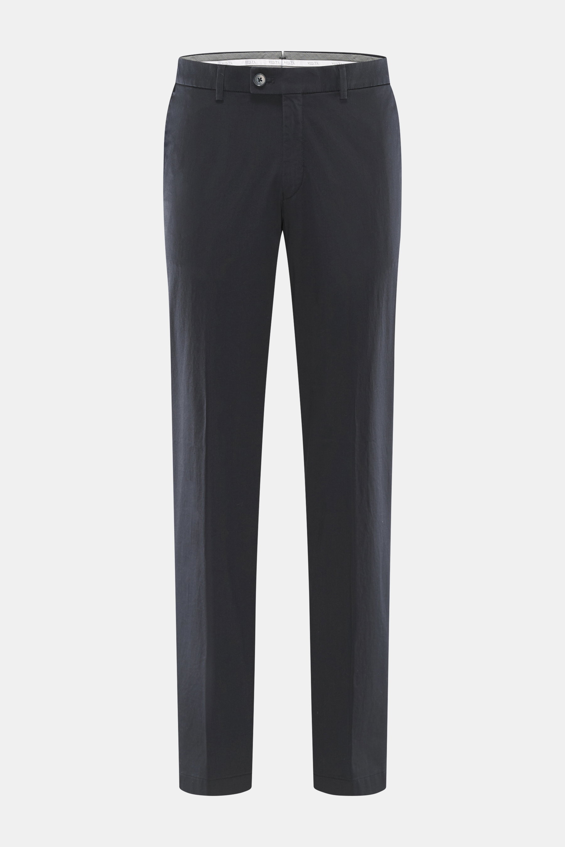 Front view of Hiltl Cotton trousers 'Parma' navy in cotton satin, slightly elastic quality, smooth feel, regular fit, slightly tapered, zip fly and waistband hook, French pockets, back pockets with button.