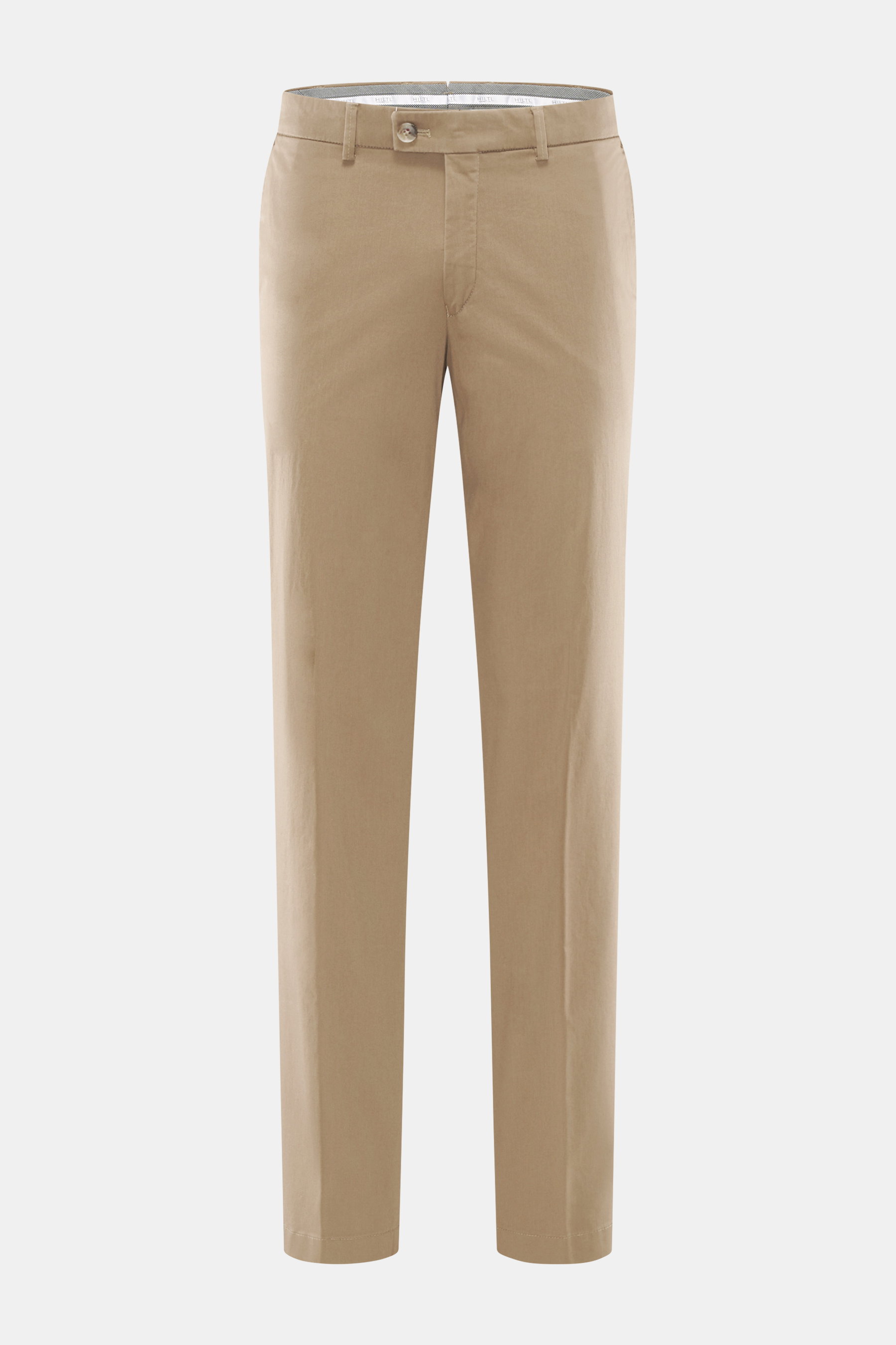 Front view of Hiltl Cotton trousers 'Parma' taupe in cotton satin with slightly elastic quality, smooth feel, regular fit, slightly tapered, zip fly and waistband hook, French pockets, back pockets with button.