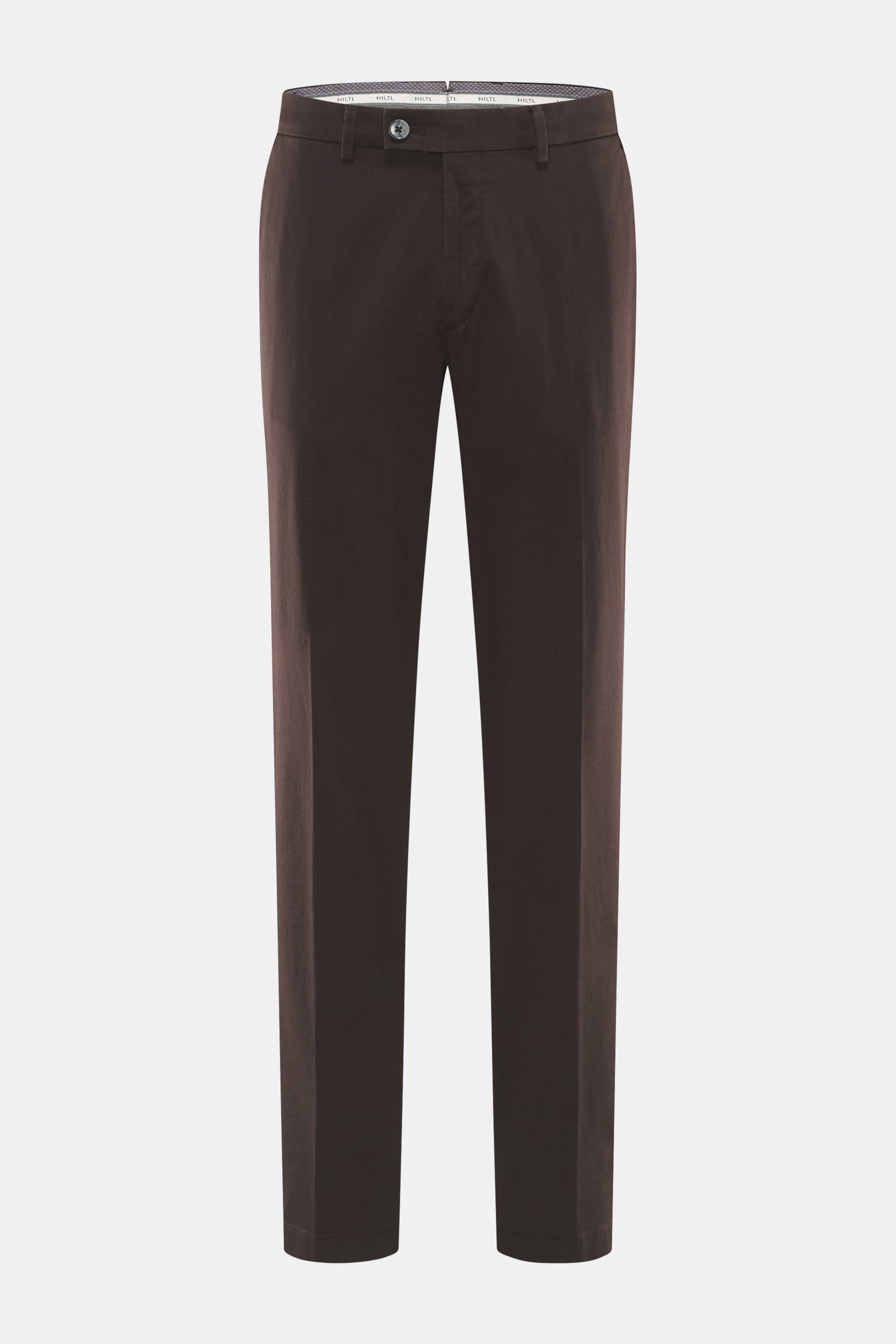 Front view of Hiltl Cotton trousers 'Parma' dark brown, made of cotton satin with slightly elastic quality, smooth feel, regular fit, slightly tapered, zip fly and waistband hook, French pockets, and back pockets with button.