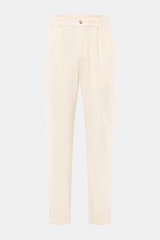 Front view of 04651/ A trip in a bag Black Corduroy Pants in soft cotton corduroy, slim fit, ankle length with zipper, button, French pockets, and fixed hem cuff.