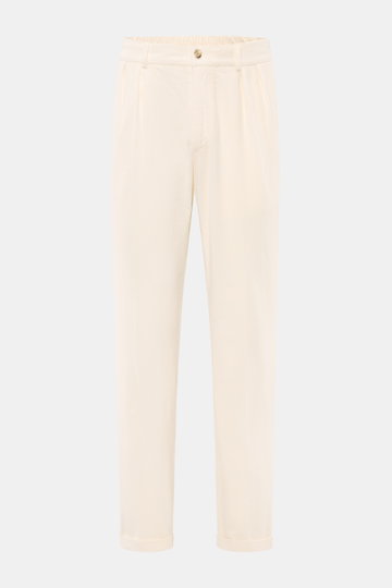 Front view of 04651/ A trip in a bag Black Corduroy Pants in soft cotton corduroy, slim fit, ankle length with zipper, button, French pockets, and fixed hem cuff.