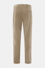 Rear view of 04651/ A trip in a bag Corduroy Pants brown, soft cotton corduroy, seersucker inner side, slim fit, ankle length, tapered.