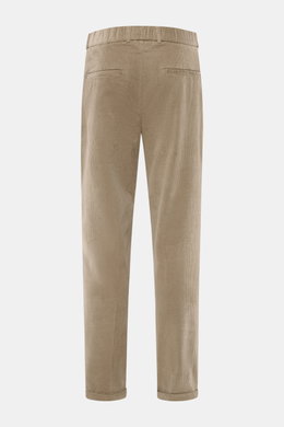 Rear view of 04651/ A trip in a bag Corduroy Pants brown, soft cotton corduroy, seersucker inner side, slim fit, ankle length, tapered.