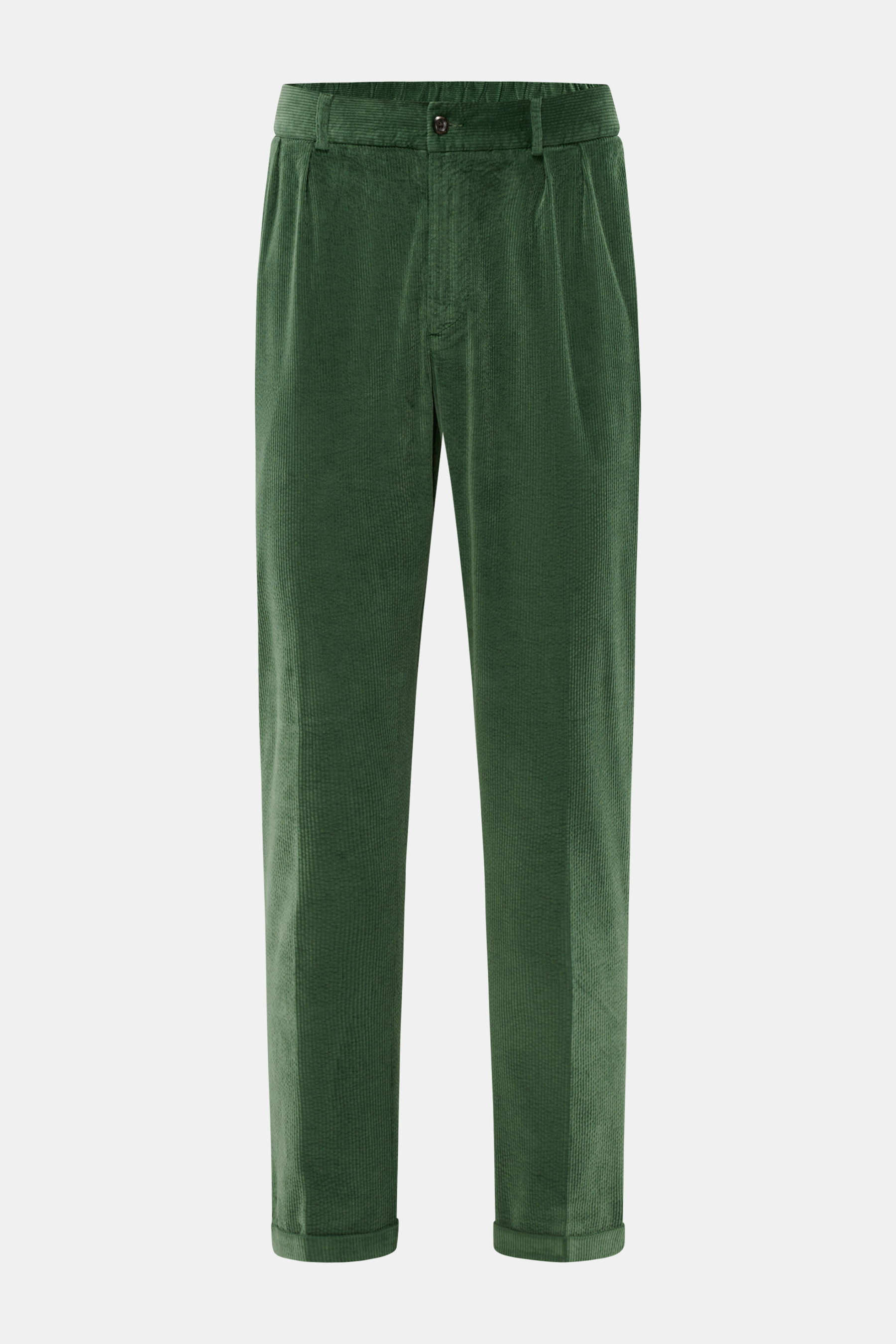 Front view of 04651/ A trip in a bag Corduroy Pants Cream in green, slim fit, ankle length, soft cotton corduroy with seersucker inside, zipper, button, elastic waistband, French and welt pockets, double pleat, fixed hem cuff, offering special comfort and