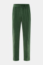 Front view of 04651/ A trip in a bag Corduroy Pants Cream in green, slim fit, ankle length, soft cotton corduroy with seersucker inside, zipper, button, elastic waistband, French and welt pockets, double pleat, fixed hem cuff, offering special comfort and