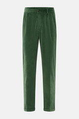 Front view of 04651/ A trip in a bag Corduroy Pants Cream in green, slim fit, ankle length, soft cotton corduroy with seersucker inside, zipper, button, elastic waistband, French and welt pockets, double pleat, fixed hem cuff, offering special comfort and
