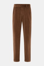Front view of 04651/ A trip in a bag Corduroy Pants navy in soft cotton corduroy with slim fit, ankle length, tapered legs, zipper, button, and French pockets.