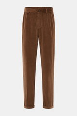 Front view of 04651/ A trip in a bag Corduroy Pants navy in soft cotton corduroy with slim fit, ankle length, tapered legs, zipper, button, and French pockets.