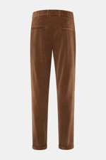 Brown corduroy pants photographed from the back, showing welt pockets and fixed hem cuffs, 04651/ A trip in a bag Corduroy Pants navy.