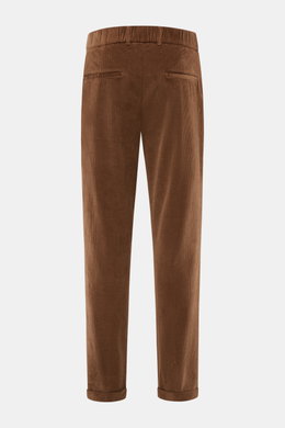 Brown corduroy pants photographed from the back, showing welt pockets and fixed hem cuffs, 04651/ A trip in a bag Corduroy Pants navy.