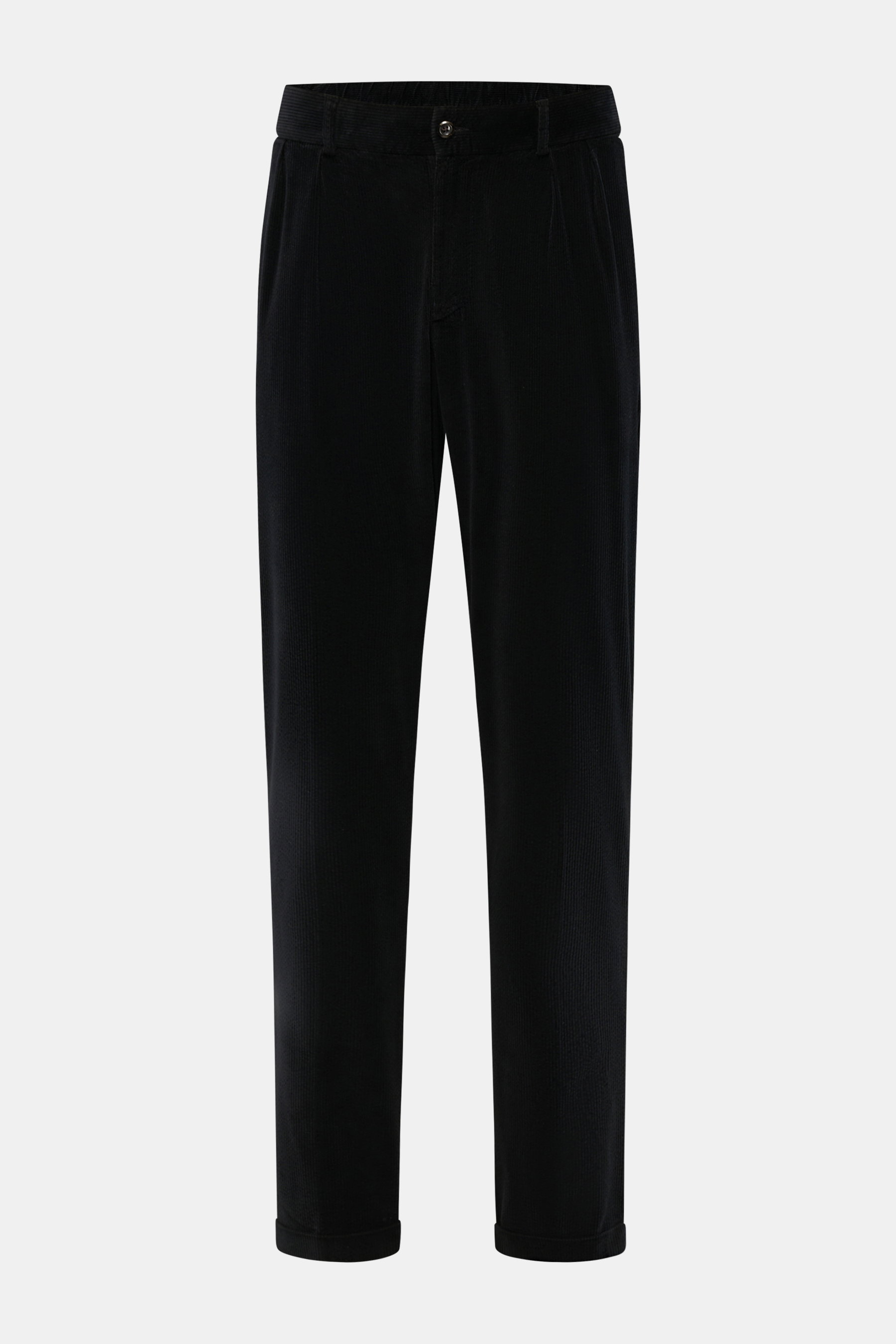 Front view of 04651/ A trip in a bag Black Corduroy Pants made of soft cotton corduroy with slim fit, ankle length, seersucker inner side, French and welt pockets, zipper, button, elastic waistband, double waistband pleat, and fixed hem cuff.