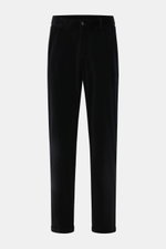 Front view of 04651/ A trip in a bag Black Corduroy Pants made of soft cotton corduroy with slim fit, ankle length, seersucker inner side, French and welt pockets, zipper, button, elastic waistband, double waistband pleat, and fixed hem cuff.