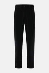 Front view of 04651/ A trip in a bag Black Corduroy Pants made of soft cotton corduroy with slim fit, ankle length, seersucker inner side, French and welt pockets, zipper, button, elastic waistband, double waistband pleat, and fixed hem cuff.