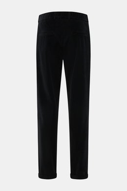 Rear view of 04651/ A trip in a bag Black Corduroy Pants in soft cotton corduroy with seersucker inner side, slim fit, ankle length, and fixed hem cuff.
