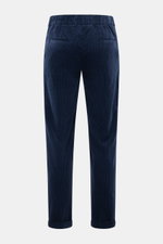 Rear view of 04651/ A trip in a bag Corduroy pants navy made of soft wide cotton corduroy with seersucker inside, regular fit, tapered legs, waistband button, zipper, side seam and welt back pockets, double waistband pleat, elastic waistband section, and 