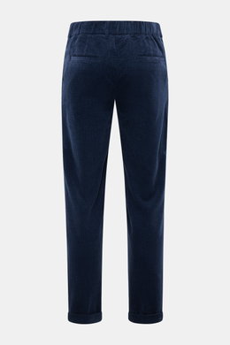 Rear view of 04651/ A trip in a bag Corduroy pants navy made of soft wide cotton corduroy with seersucker inside, regular fit, tapered legs, waistband button, zipper, side seam and welt back pockets, double waistband pleat, elastic waistband section, and 