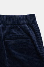 Close-up front view of 04651/ A trip in a bag Corduroy pants navy showing soft wide cotton corduroy, elastic waistband, side seam pockets, and back welt pocket with seersucker inside for comfort.