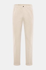 Front view of 04651/ A trip in a bag Corduroy pants sand, made of soft wide cotton corduroy with seersucker inside, regular fit, tapered legs, button and zipper, side seam and welt back pockets, double waistband pleat, partially elastic waistband, and fix