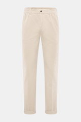 Front view of 04651/ A trip in a bag Corduroy pants sand, made of soft wide cotton corduroy with seersucker inside, regular fit, tapered legs, button and zipper, side seam and welt back pockets, double waistband pleat, partially elastic waistband, and fix