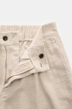 Close-up front view of 04651/ A trip in a bag Corduroy pants sand, showing soft wide cotton corduroy fabric, zipper, button, and waistband details.