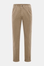 Front view of 04651/ A trip in a bag Corduroy pants taupe in soft cotton corduroy with seersucker lining, tapered fit, button, zipper, and cuffed hem.