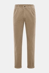 Front view of 04651/ A trip in a bag Corduroy pants taupe in soft cotton corduroy with seersucker lining, tapered fit, button, zipper, and cuffed hem.