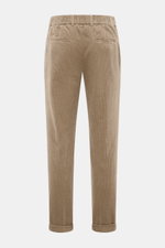 Rear view of 04651/ A trip in a bag Corduroy pants taupe made of wide cotton corduroy with seersucker backing, soft feel, regular fit, tapered legs, zipper and waistband button, partially elastic waistband, side seam pockets, double waistband pleat, welt 