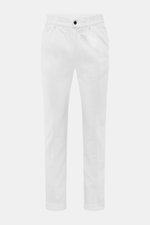 Front view of 04651/ A trip in a bag Corduroy pants white, made of soft wide cotton corduroy with seersucker inside, regular fit, tapered legs, zipper, button, elastic waistband, side and welt back pockets, double waistband pleat, and fixed hem cuff.