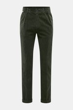 Front view of 04651/ A trip in a bag Corduroy pants dark green made of wide cotton corduroy with seersucker inside, regular fit, tapered legs, button and zipper, side seam and welt back pockets, double waistband pleat, and fixed hem cuff.
