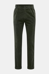 Front view of 04651/ A trip in a bag Corduroy pants dark green made of wide cotton corduroy with seersucker inside, regular fit, tapered legs, button and zipper, side seam and welt back pockets, double waistband pleat, and fixed hem cuff.