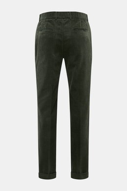 Rear view of 04651/ A trip in a bag Corduroy pants dark green, made of soft wide cotton corduroy with seersucker inside, regular fit, tapered legs, double waistband pleat, side seam and welt back pockets, zipper and button closure, partially elastic waist