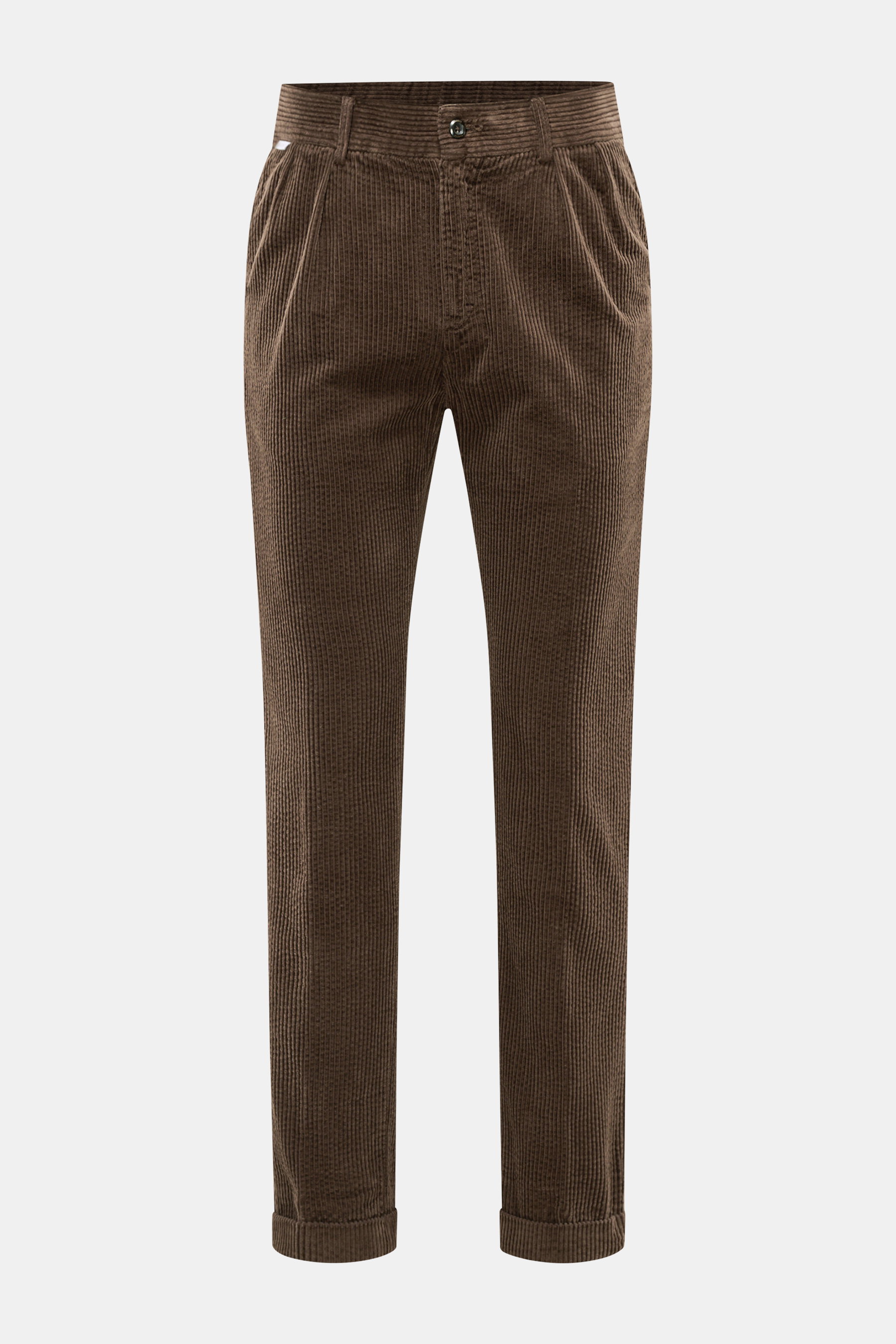 Frontansicht der 04651/ A trip in a bag Cordhose dunkelbraun aus breitem Baumwoll-Cord mit Seersucker-Innenseite, Regular Fit, schmal zulaufend, Bundknopf, Taschen.