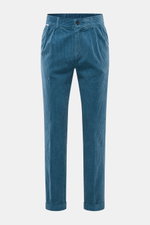 Front view of 04651/ A trip in a bag Corduroy pants smoky blue made from wide cotton corduroy with seersucker back, soft feel, regular fit, slim tapering, zipper, button, elastic waistband, side seam pockets, double waistband pleat, welt back pockets, and