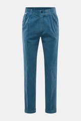 Front view of 04651/ A trip in a bag Corduroy pants smoky blue made from wide cotton corduroy with seersucker back, soft feel, regular fit, slim tapering, zipper, button, elastic waistband, side seam pockets, double waistband pleat, welt back pockets, and