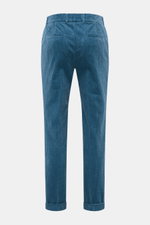 Rear view of 04651/ A trip in a bag Corduroy pants smoky blue, made from soft wide cotton corduroy with seersucker inside, regular fit, slim tapering, elastic waistband, side seam pockets, double waistband pleat, welt back pockets, and fixed hem cuff, off