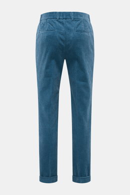 Rear view of 04651/ A trip in a bag Corduroy pants smoky blue, made from soft wide cotton corduroy with seersucker inside, regular fit, slim tapering, elastic waistband, side seam pockets, double waistband pleat, welt back pockets, and fixed hem cuff, off
